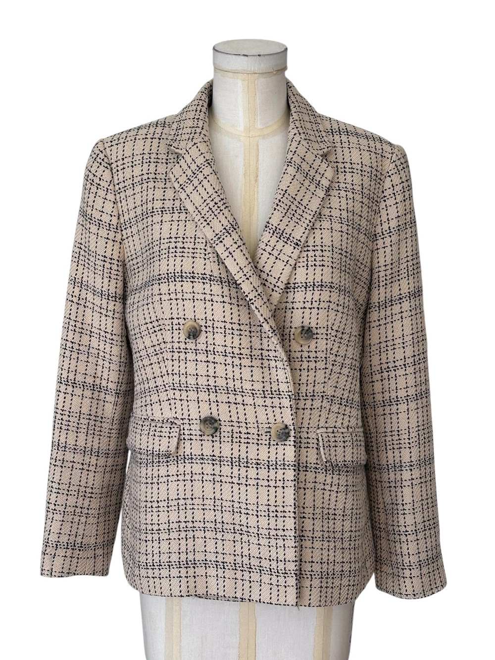 Ann Taylor Women's Plaid‎ Double Breasted Blazer Jacket Tan Black Career 10P